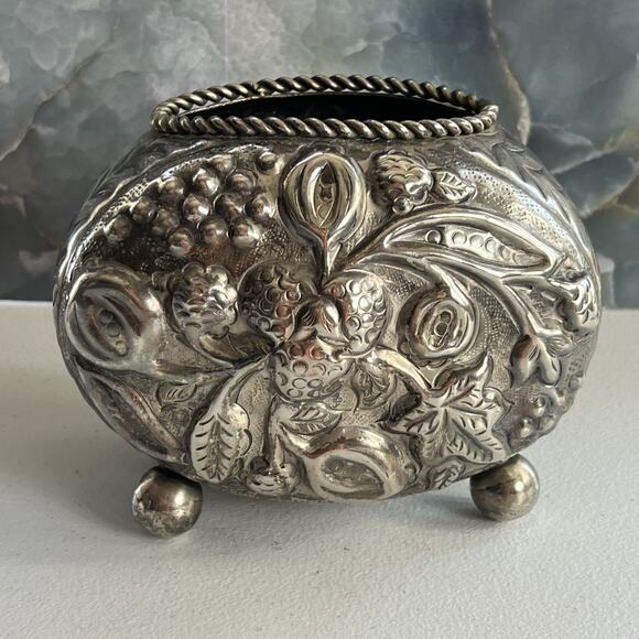Open Salt Cellar Dish Repousse Floral Design 5.5"x6" - Picture 3 of 15